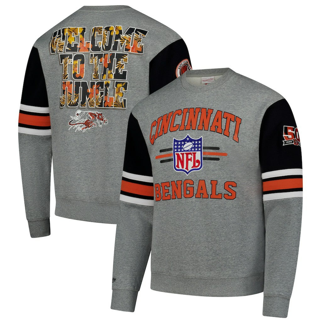 Cincinnati Bengals All Over 4.0 Vintage Logo Pullover Sweatshirt Heather Gray - Mitchell & Ness