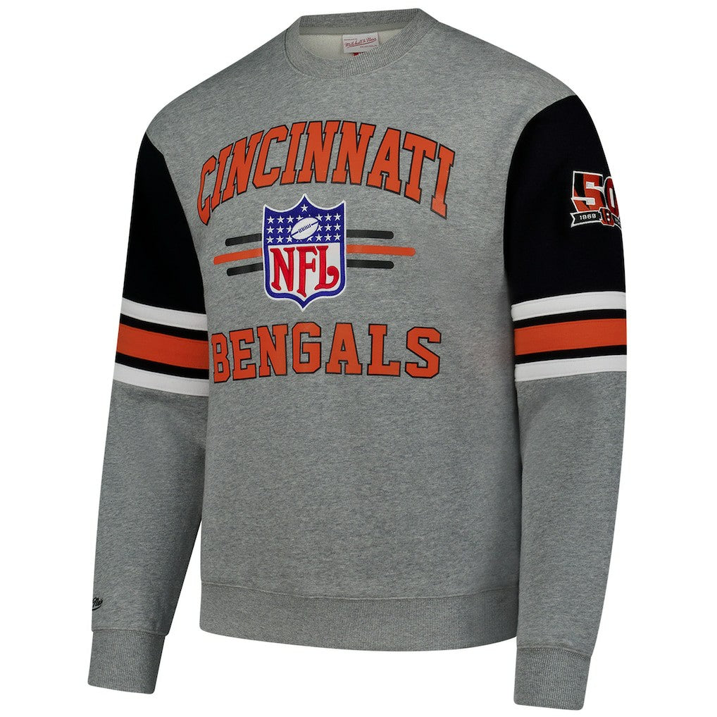 Cincinnati Bengals All Over 4.0 Vintage Logo Pullover Sweatshirt Heather Gray - Mitchell & Ness