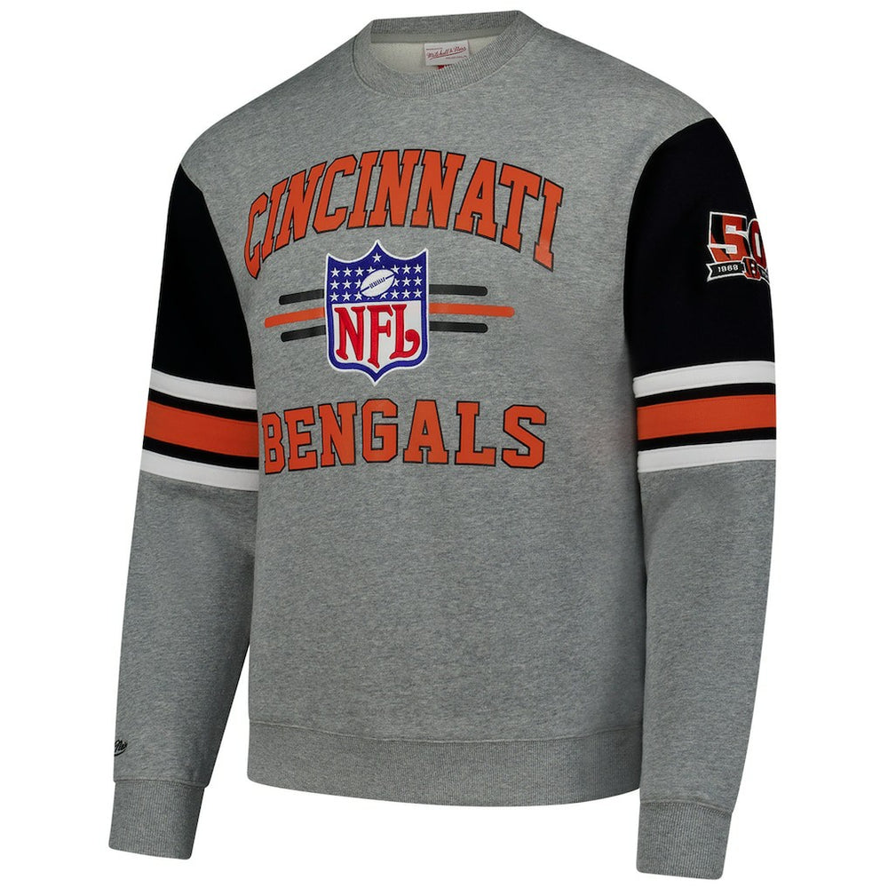 Cincinnati Bengals All Over 4.0 Vintage Logo Pullover Sweatshirt Heather Gray - Mitchell & Ness