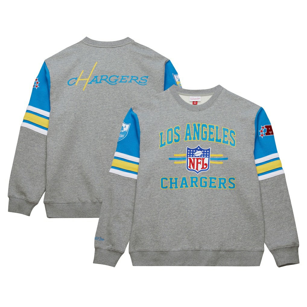 Los Angeles Chargers All Over 4.0 Vintage Logo Pullover Sweatshirt Heather Gray - Mitchell & Ness
