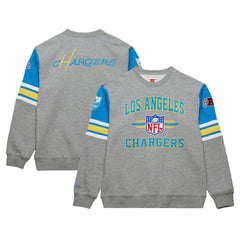 Los Angeles Chargers All Over 4.0 Vintage Logo Pullover Sweatshirt Heather Gray - Mitchell & Ness