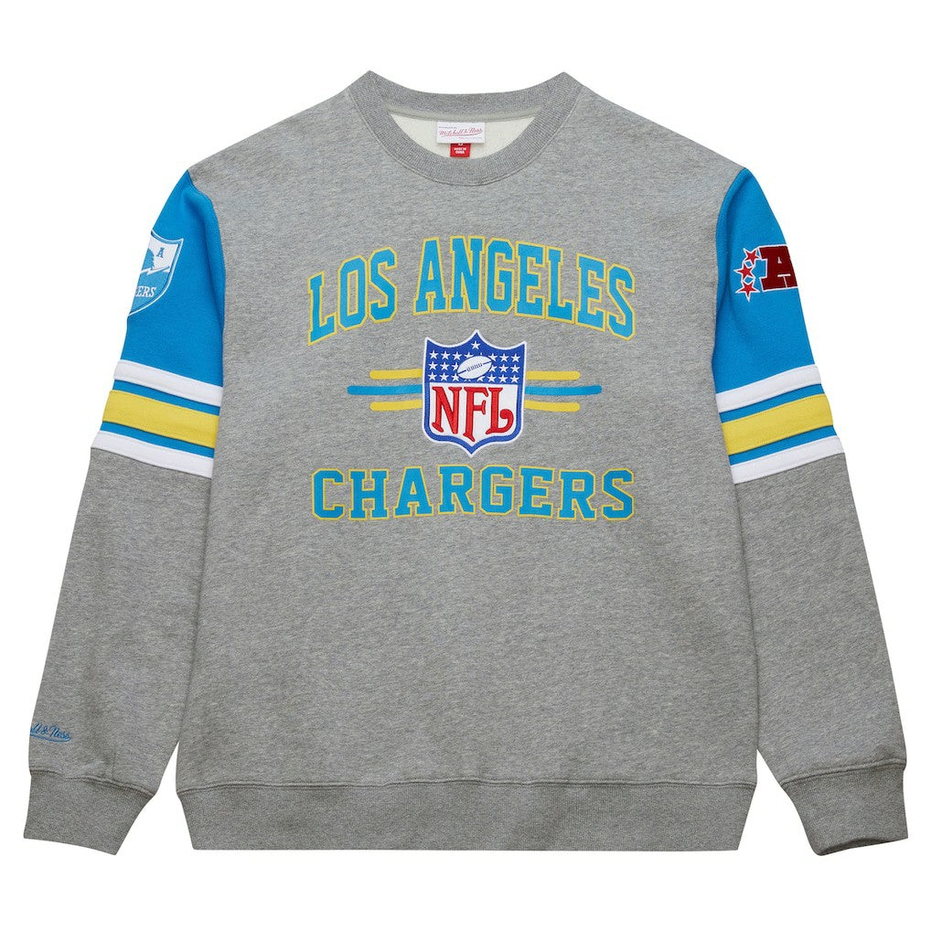Los Angeles Chargers All Over 4.0 Vintage Logo Pullover Sweatshirt Heather Gray - Mitchell & Ness