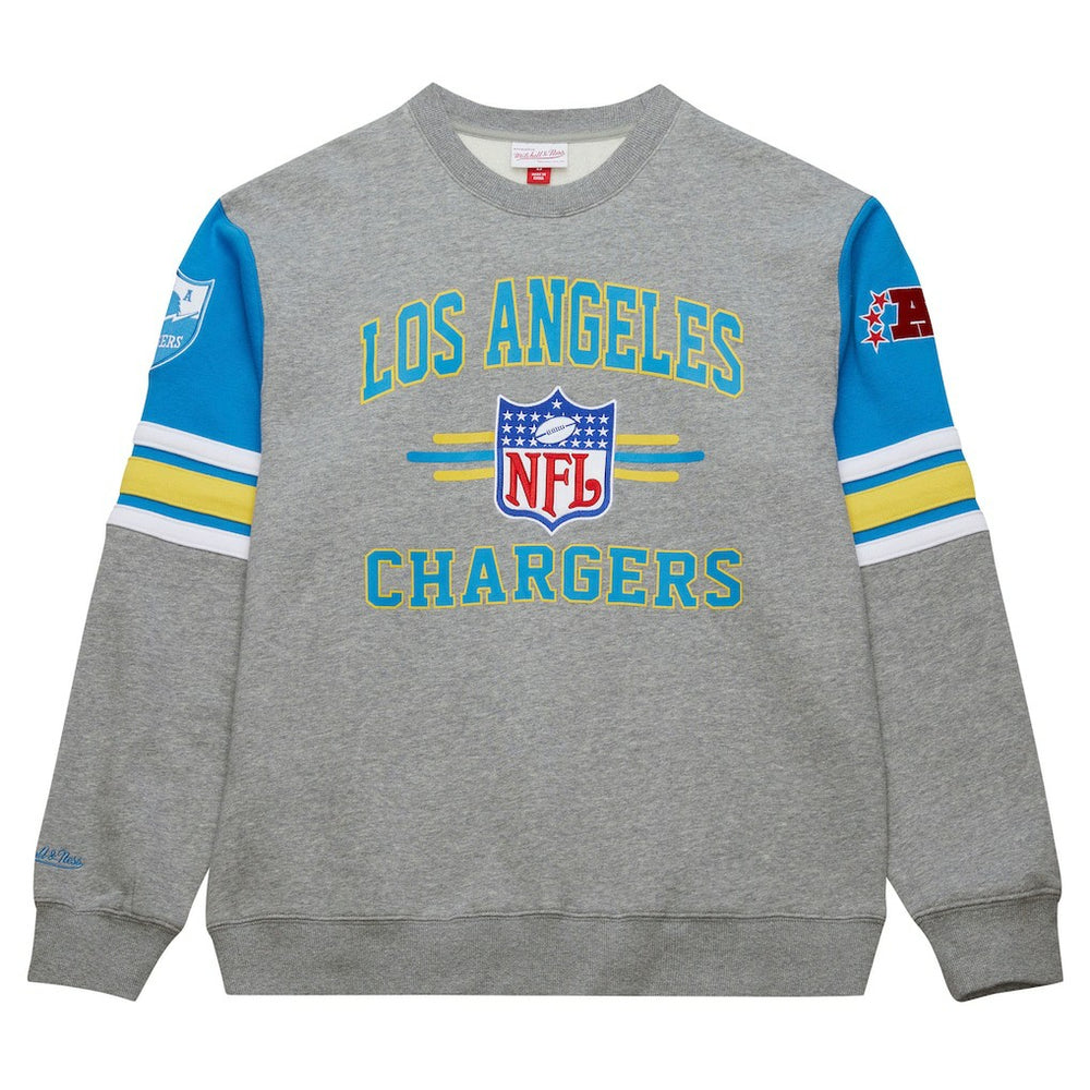 Los Angeles Chargers All Over 4.0 Vintage Logo Pullover Sweatshirt Heather Gray - Mitchell & Ness