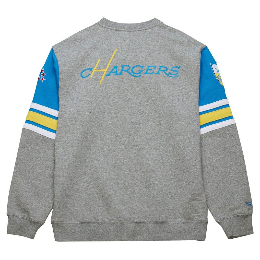 Los Angeles Chargers All Over 4.0 Vintage Logo Pullover Sweatshirt Heather Gray - Mitchell & Ness