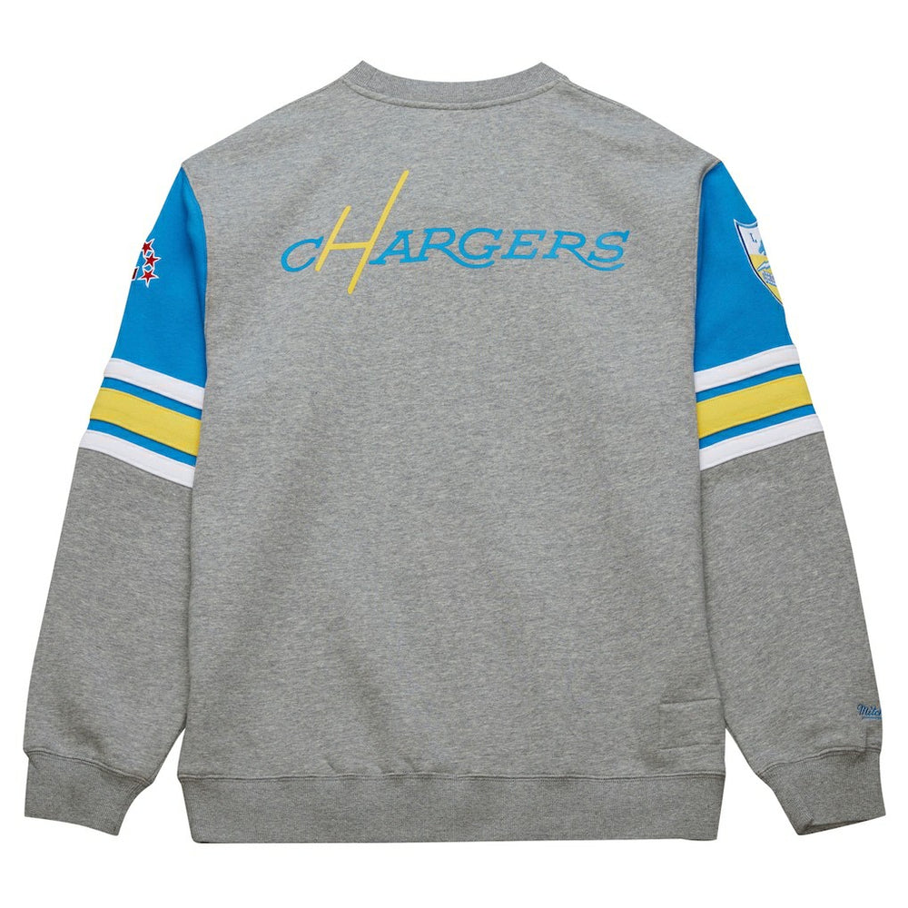 Los Angeles Chargers All Over 4.0 Vintage Logo Pullover Sweatshirt Heather Gray - Mitchell & Ness