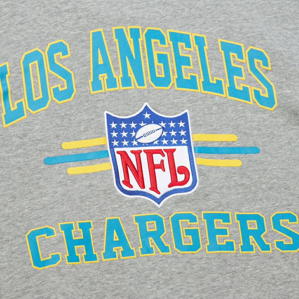 Los Angeles Chargers All Over 4.0 Vintage Logo Pullover Sweatshirt Heather Gray - Mitchell & Ness