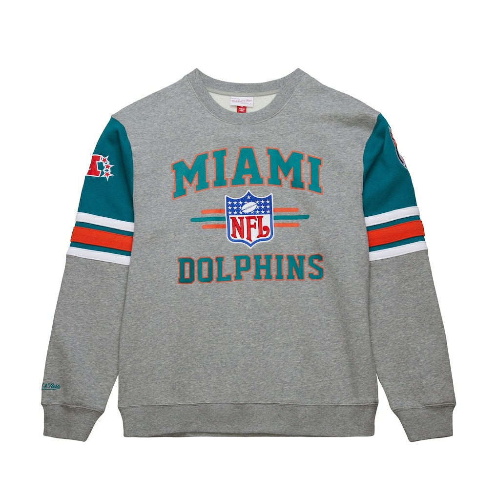 Miami Dolphins All Over 4.0 Vintage Logo Pullover Sweatshirt Heather Gray - Mitchell & Ness