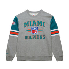 Miami Dolphins All Over 4.0 Vintage Logo Pullover Sweatshirt Heather Gray - Mitchell & Ness
