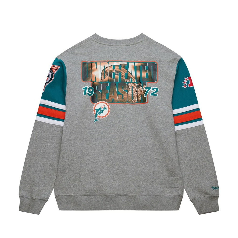 Miami Dolphins All Over 4.0 Vintage Logo Pullover Sweatshirt Heather Gray - Mitchell & Ness