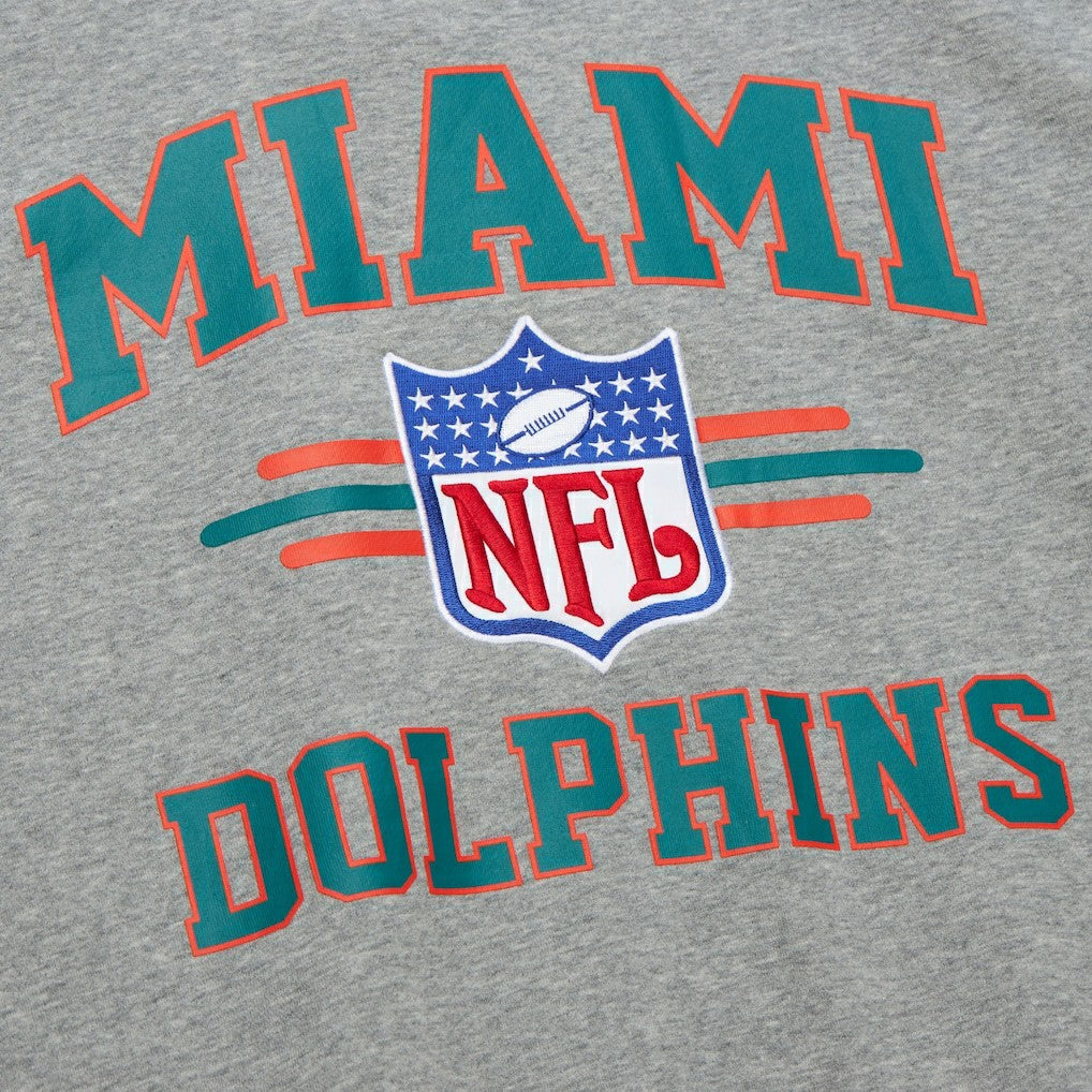 Miami Dolphins All Over 4.0 Vintage Logo Pullover Sweatshirt Heather Gray - Mitchell & Ness