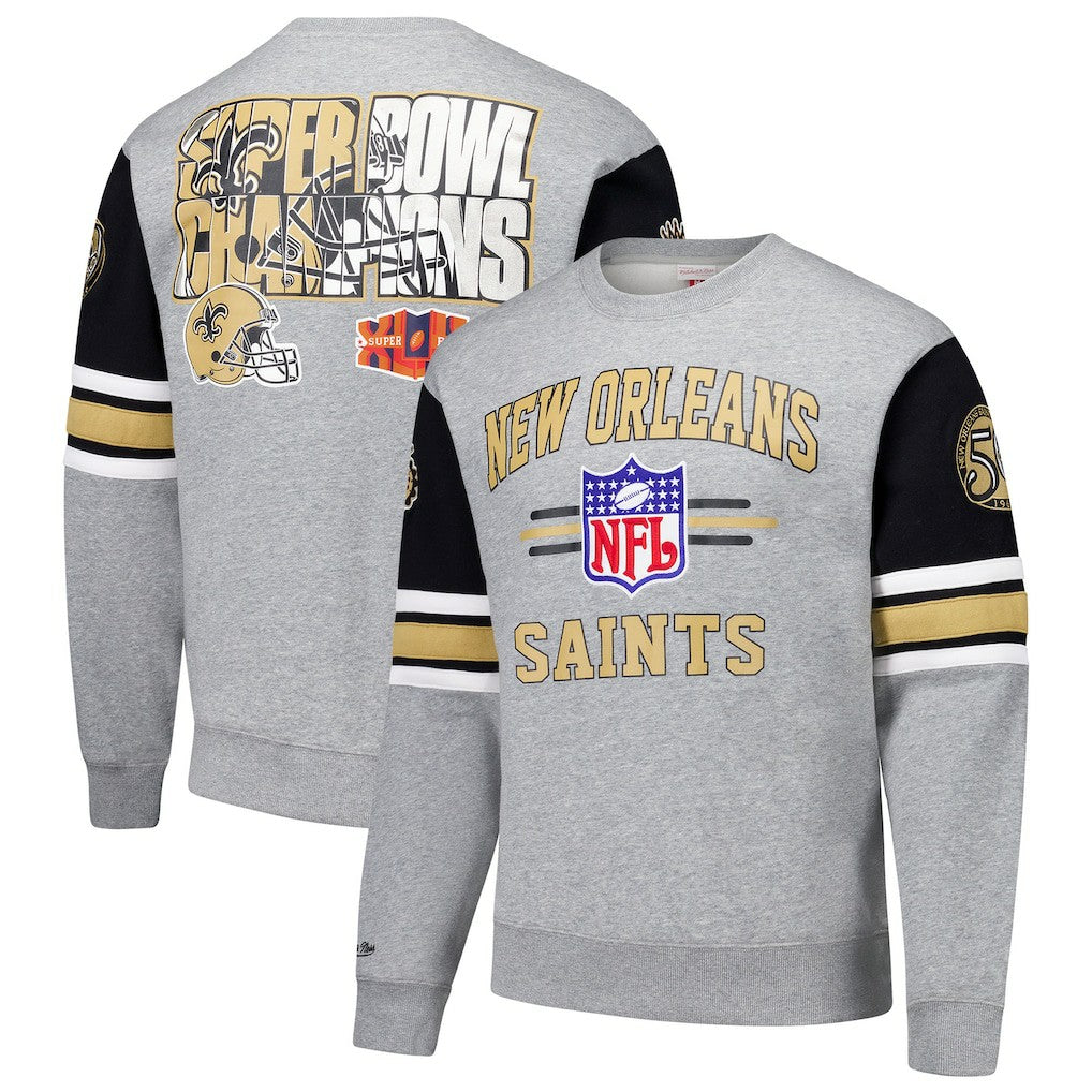 New Orleans Saints All Over 4.0 Vintage Logo Pullover Sweatshirt Heather Gray - Mitchell & Ness
