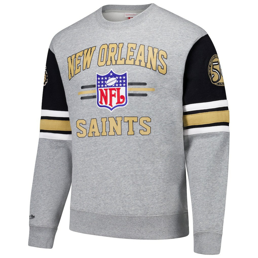New Orleans Saints All Over 4.0 Vintage Logo Pullover Sweatshirt Heather Gray - Mitchell & Ness