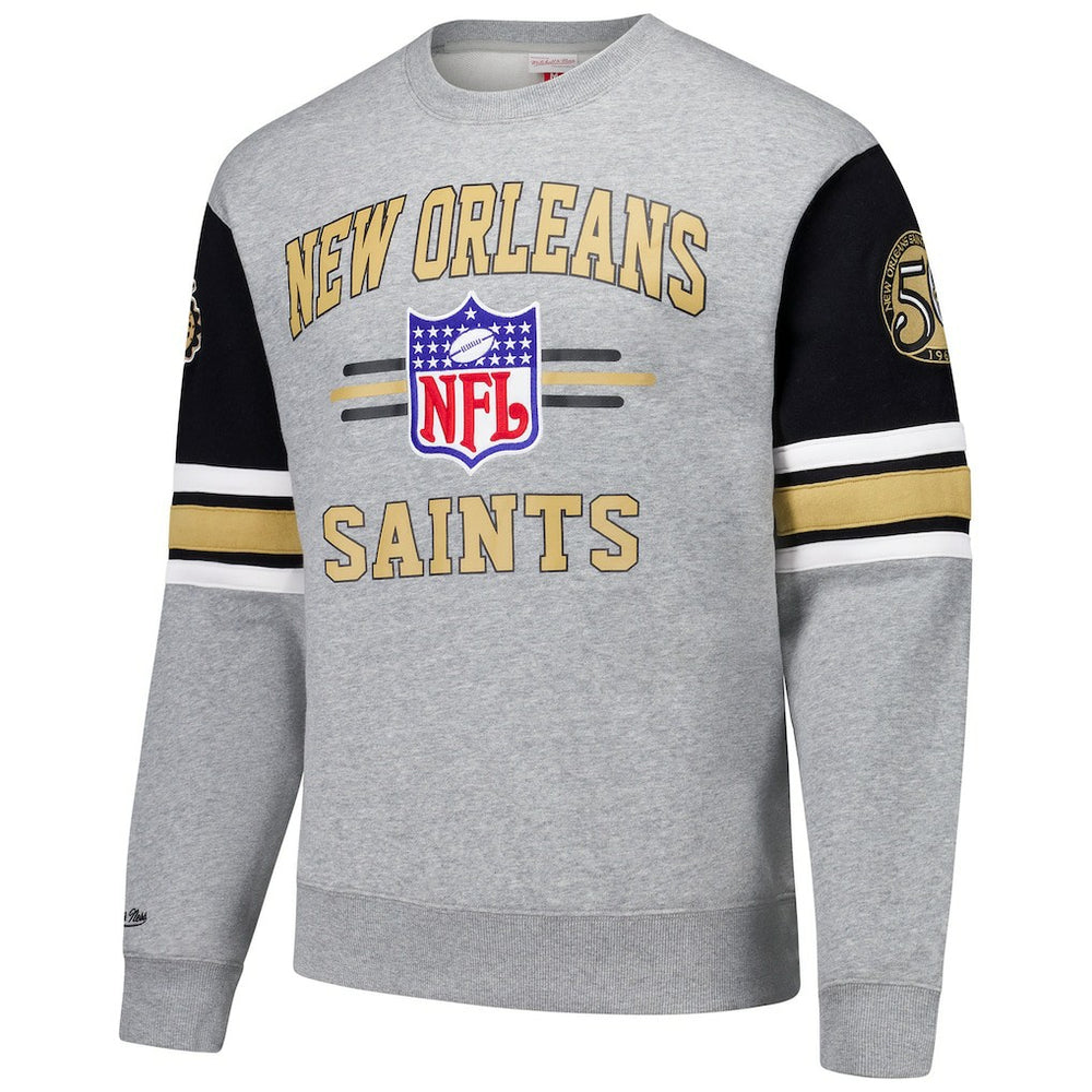 New Orleans Saints All Over 4.0 Vintage Logo Pullover Sweatshirt Heather Gray - Mitchell & Ness