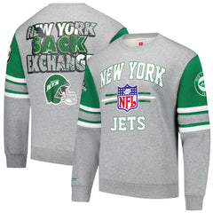 New York Jets All Over 4.0 Vintage Logo Pullover Sweatshirt Heather Gray - Mitchell & Ness