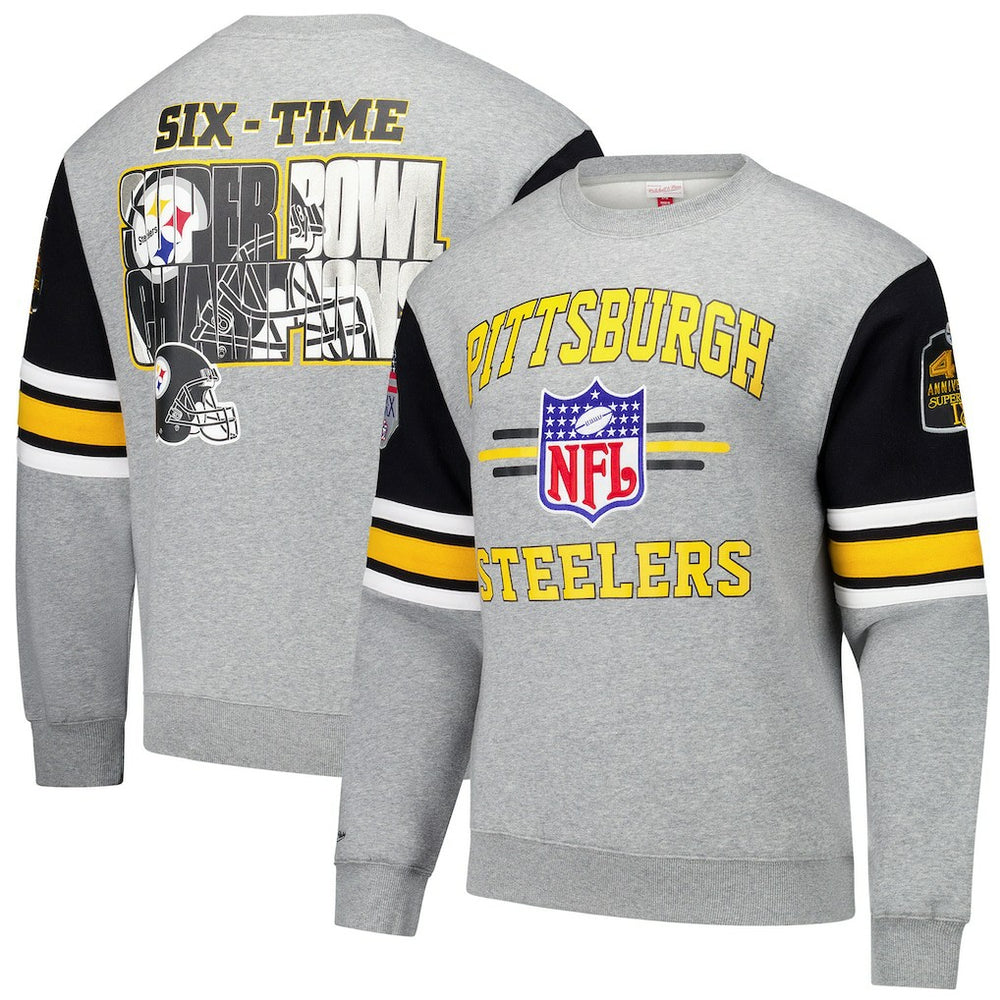 Pittsburgh Steelers All Over 4.0 Vintage Logo Pullover Sweatshirt Heather Gray - Mitchell & Ness