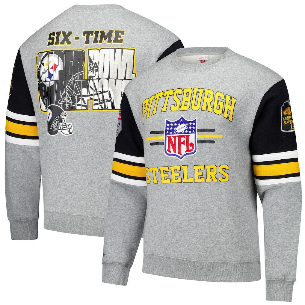 Pittsburgh Steelers All Over 4.0 Vintage Logo Pullover Sweatshirt Heather Gray - Mitchell & Ness