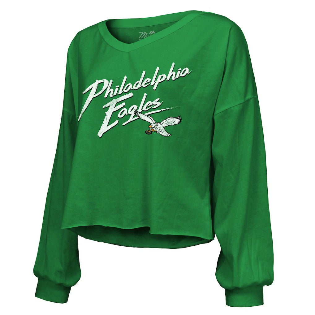 Saquon Barkley Philadelphia Eagles Majestic Threads Women's Name & Number Off-Shoulder Script Cropped Long Sleeve Relaxed V-Neck T-Shirt Kelly Green - NFL