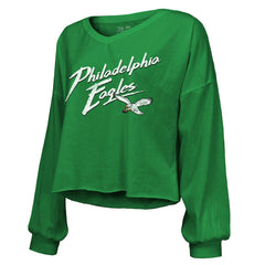 Saquon Barkley Philadelphia Eagles Majestic Threads Women's Name & Number Off-Shoulder Script Cropped Long Sleeve Relaxed V-Neck T-Shirt Kelly Green - NFL