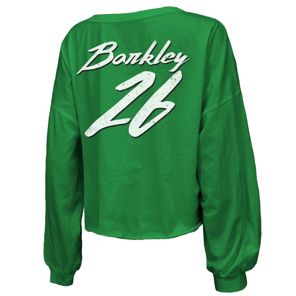 Saquon Barkley Philadelphia Eagles Majestic Threads Women's Name & Number Off-Shoulder Script Cropped Long Sleeve Relaxed V-Neck T-Shirt Kelly Green - NFL