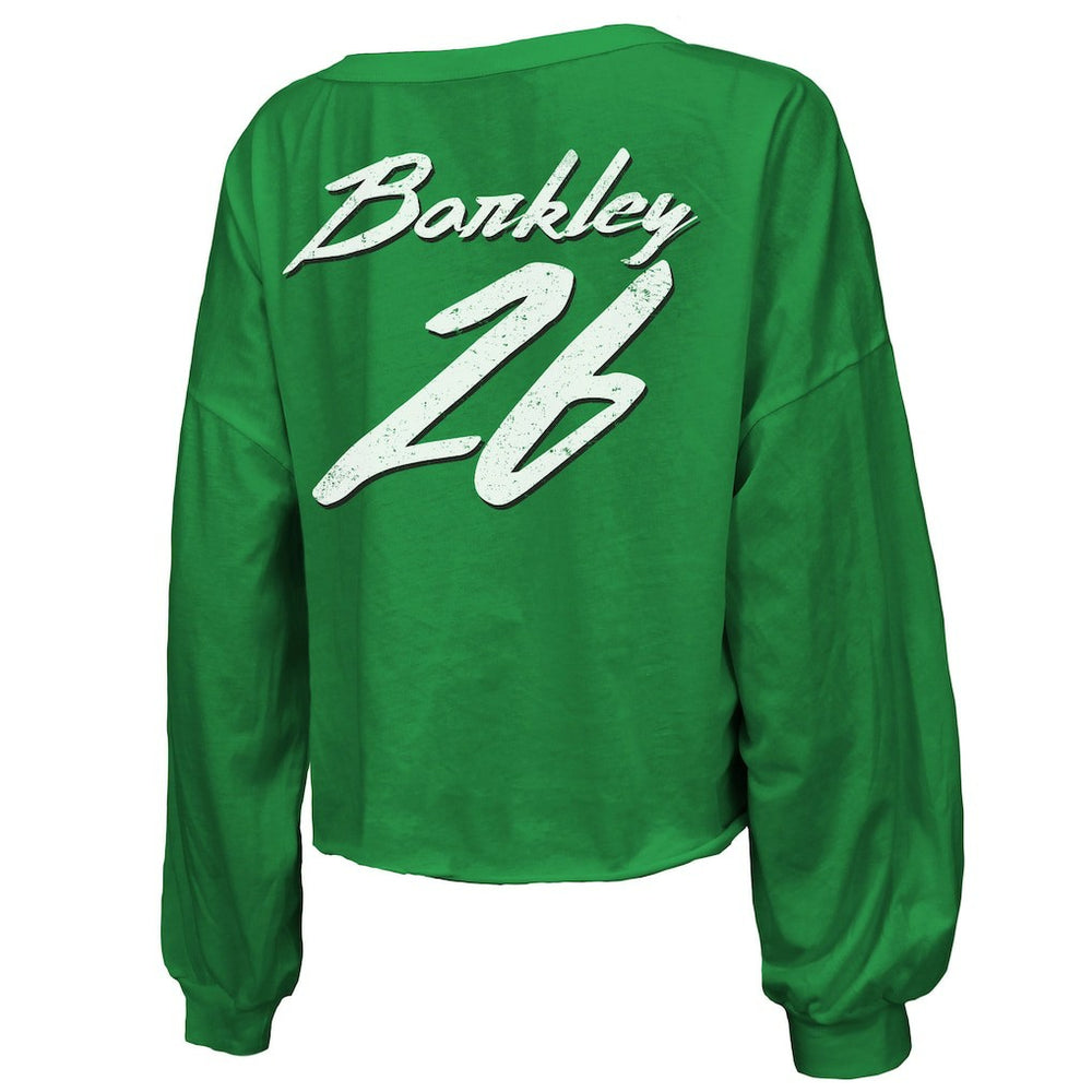 Saquon Barkley Philadelphia Eagles Majestic Threads Women's Name & Number Off-Shoulder Script Cropped Long Sleeve Relaxed V-Neck T-Shirt Kelly Green - NFL