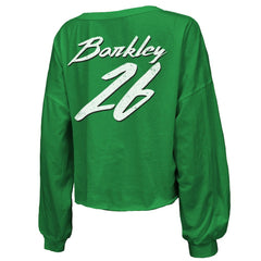 Saquon Barkley Philadelphia Eagles Majestic Threads Women's Name & Number Off-Shoulder Script Cropped Long Sleeve Relaxed V-Neck T-Shirt Kelly Green - NFL