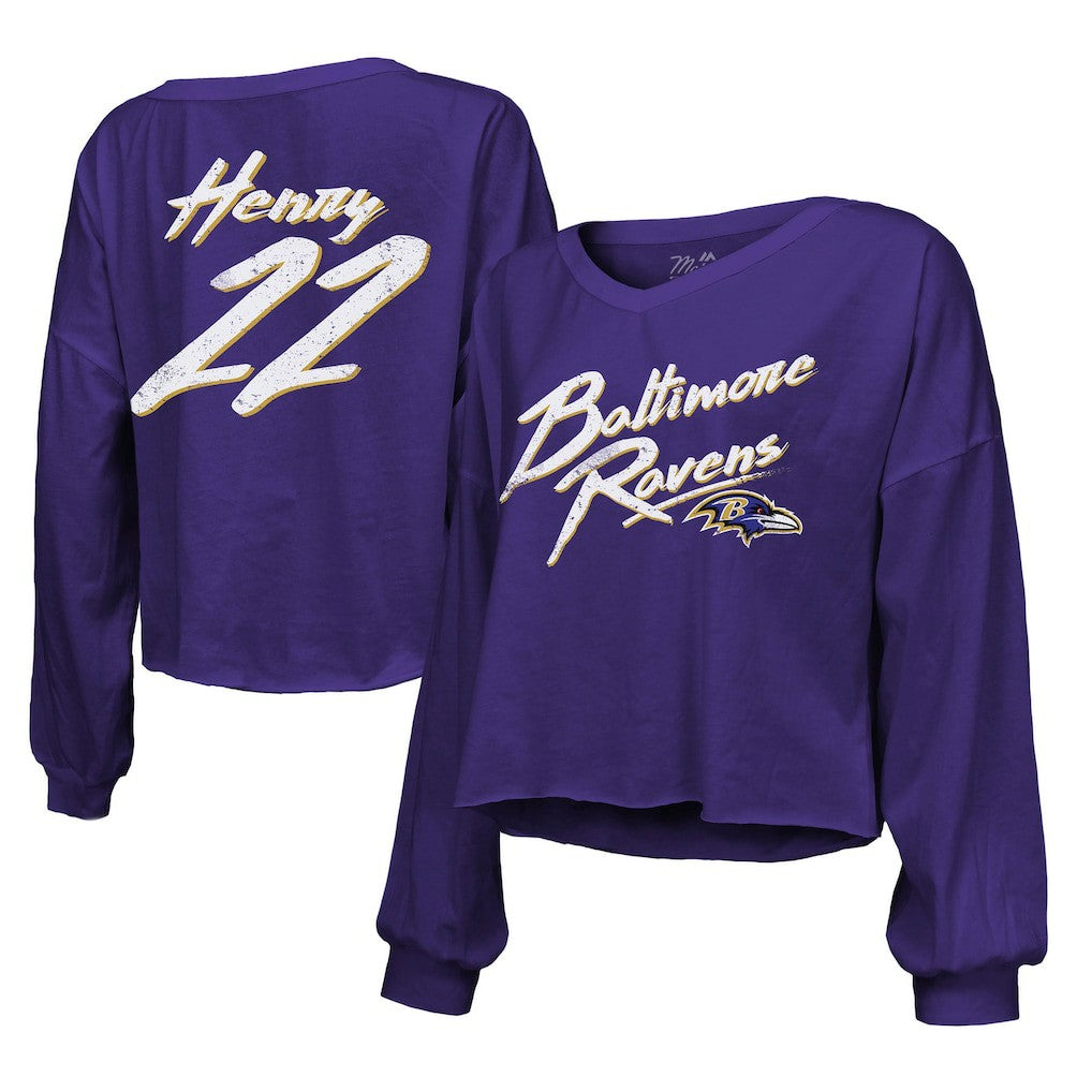 Derrick Henry Baltimore Ravens Majestic Threads Women's Name & Number Off-Shoulder Script Cropped Long Sleeve Relaxed V-Neck T-Shirt Purple - NFL