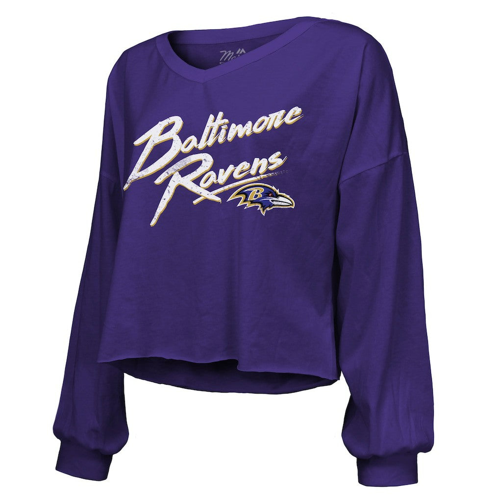 Derrick Henry Baltimore Ravens Majestic Threads Women's Name & Number Off-Shoulder Script Cropped Long Sleeve Relaxed V-Neck T-Shirt Purple - NFL