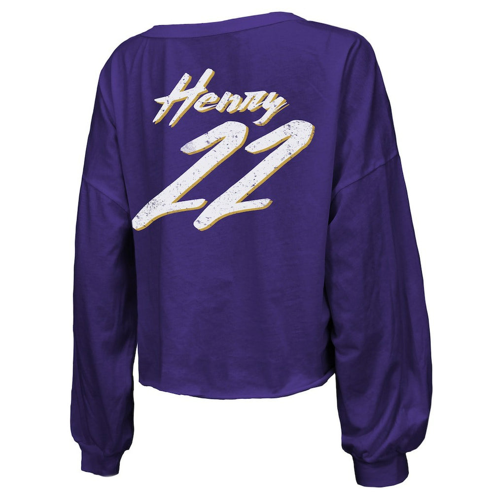 Derrick Henry Baltimore Ravens Majestic Threads Women's Name & Number Off-Shoulder Script Cropped Long Sleeve Relaxed V-Neck T-Shirt Purple - NFL