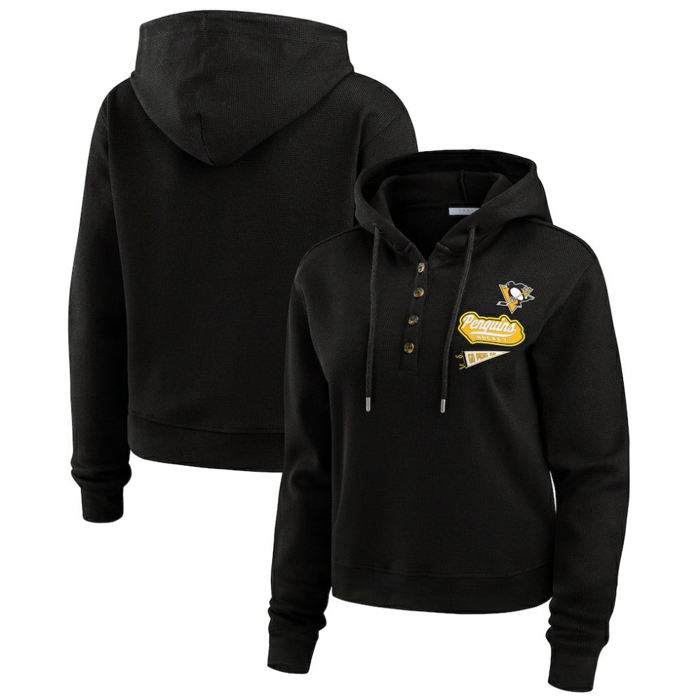 Pittsburgh Penguins WEAR by Erin Andrews Women's Waffle-Knit Pullover Hoodie Black