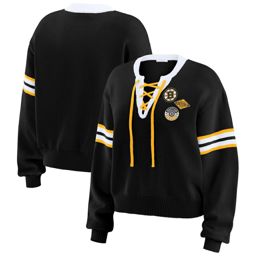 Boston Bruins WEAR by Erin Andrews Women's Cropped Lace-Up Sweater Black