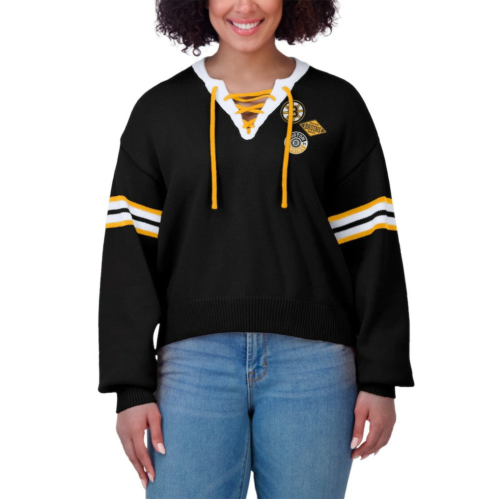 Boston Bruins WEAR by Erin Andrews Women's Cropped Lace-Up Sweater Black