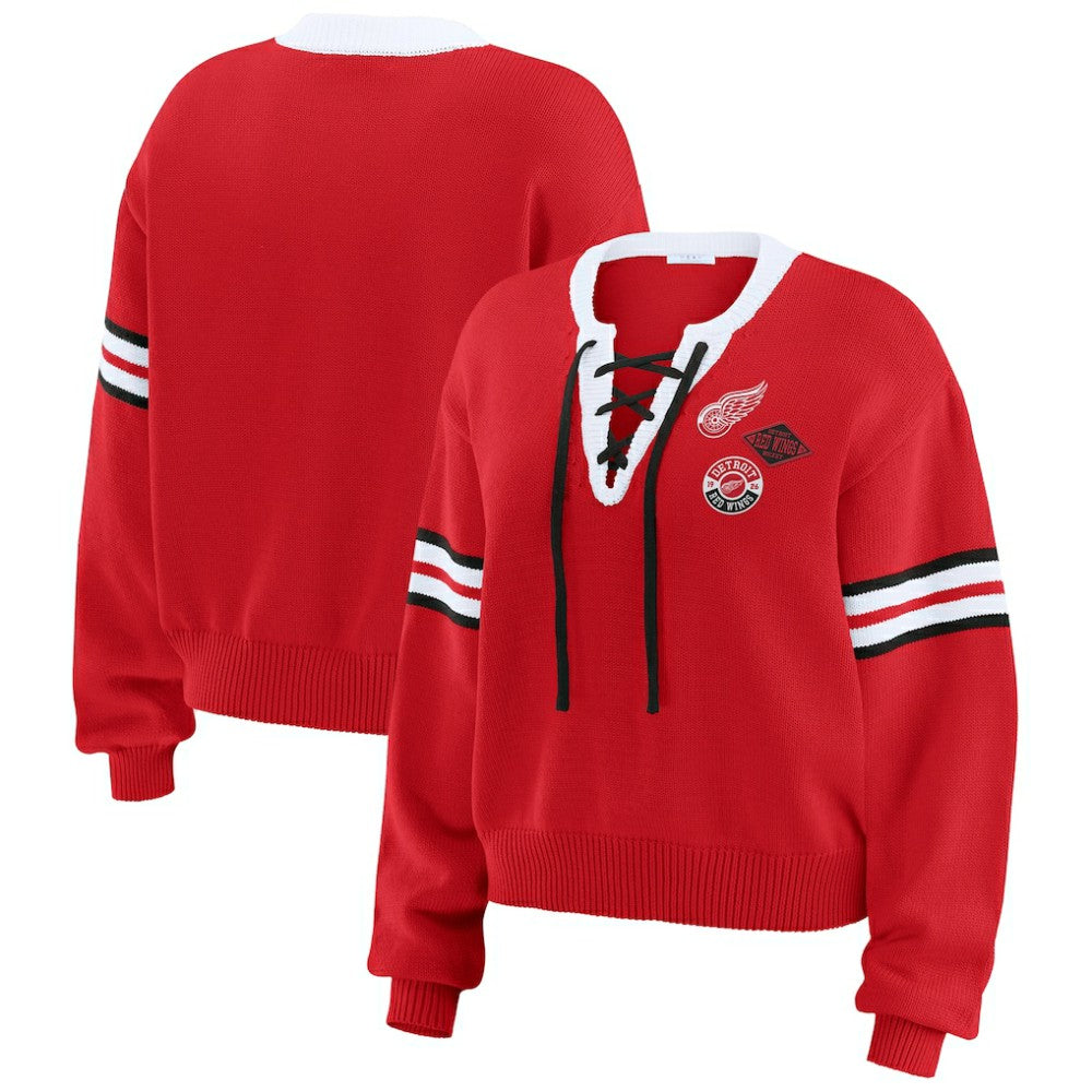 Detroit Red Wings - WEAR by Erin Andrews Women's Cropped Lace-Up Sweater Red