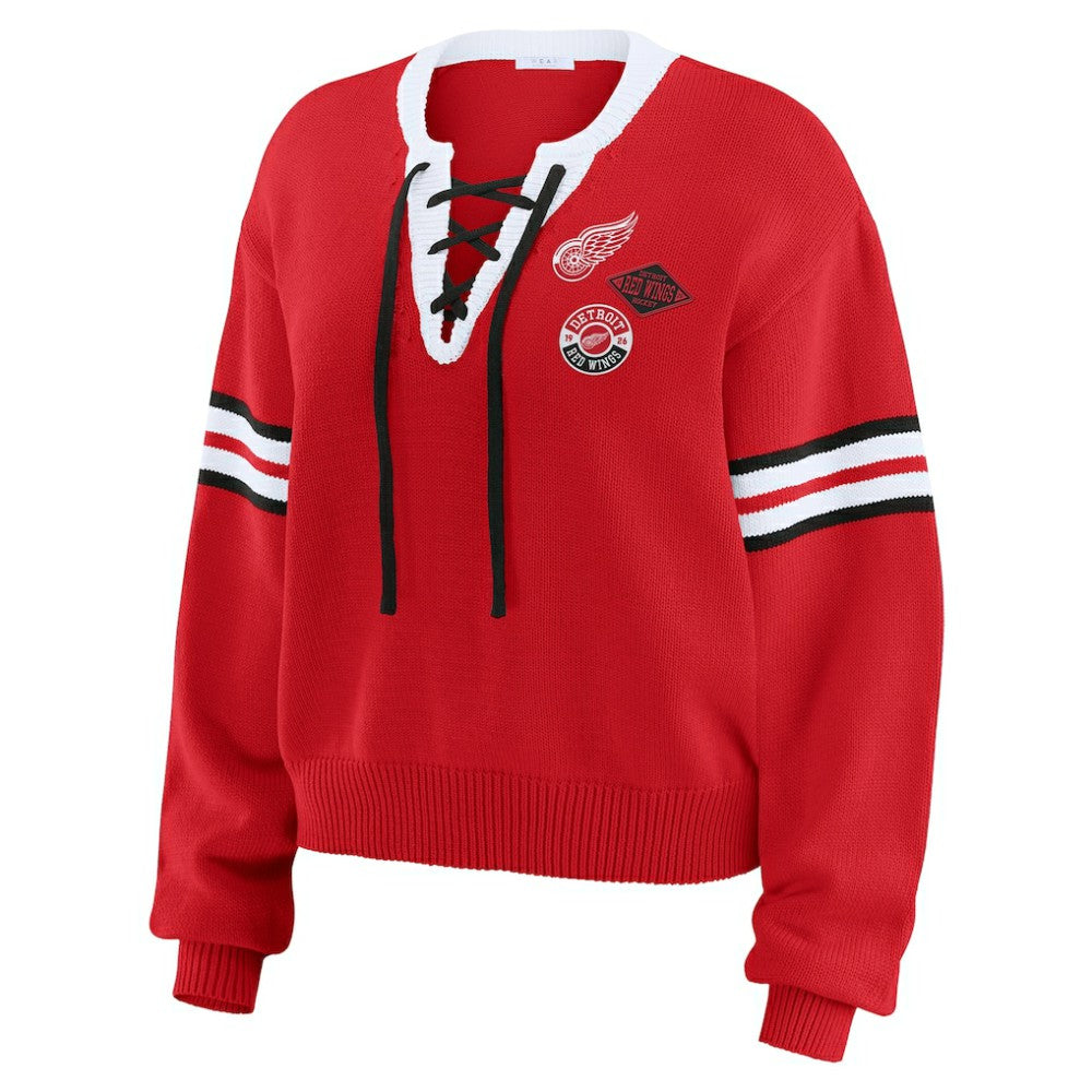 Detroit Red Wings - WEAR by Erin Andrews Women's Cropped Lace-Up Sweater Red