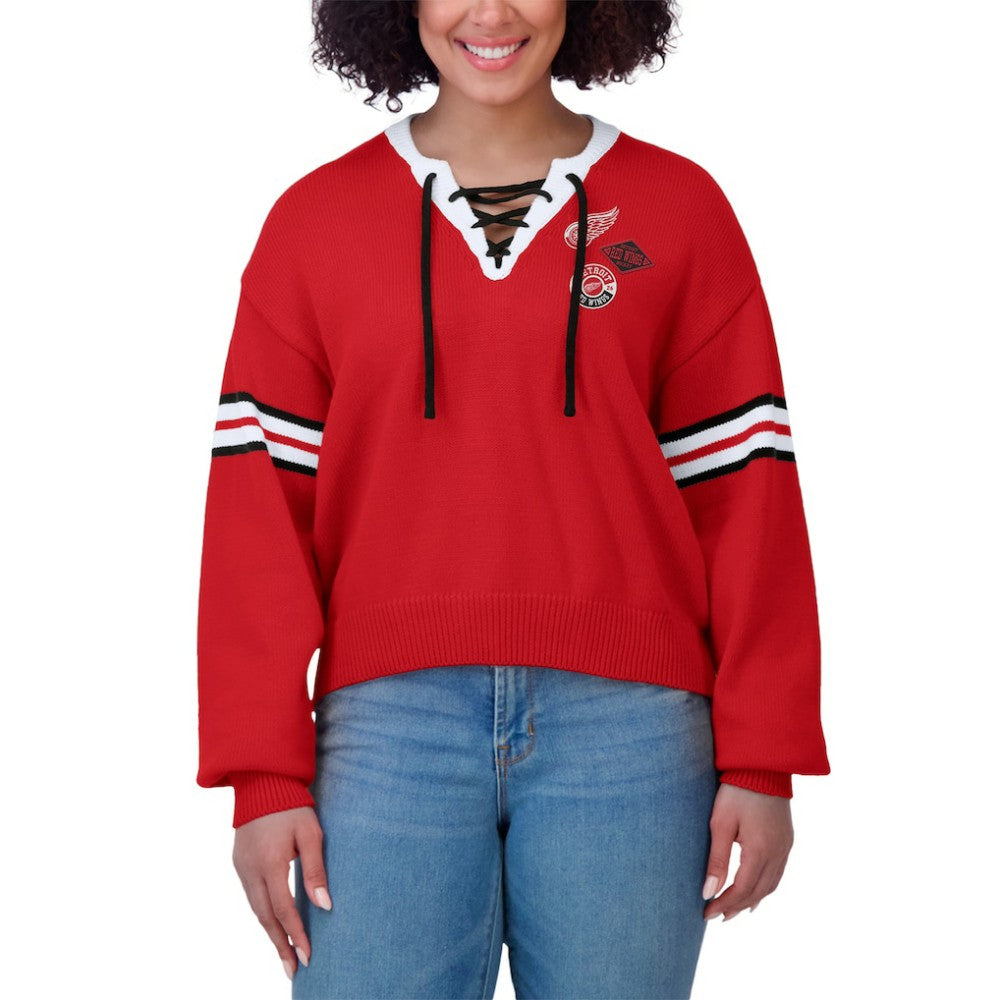 Detroit Red Wings - WEAR by Erin Andrews Women's Cropped Lace-Up Sweater Red