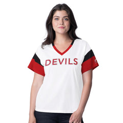 New Jersey Devils - G-III 4Her by Carl Banks Women's Rink Oversized Rhinestone V-Neck T-Shirt White