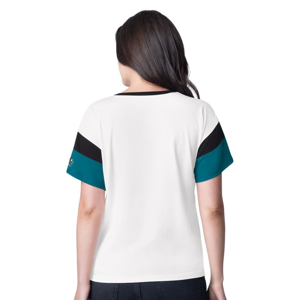 San Jose Sharks - G-III 4Her by Carl Banks Women's Rink Oversized Rhinestone V-Neck T-Shirt White
