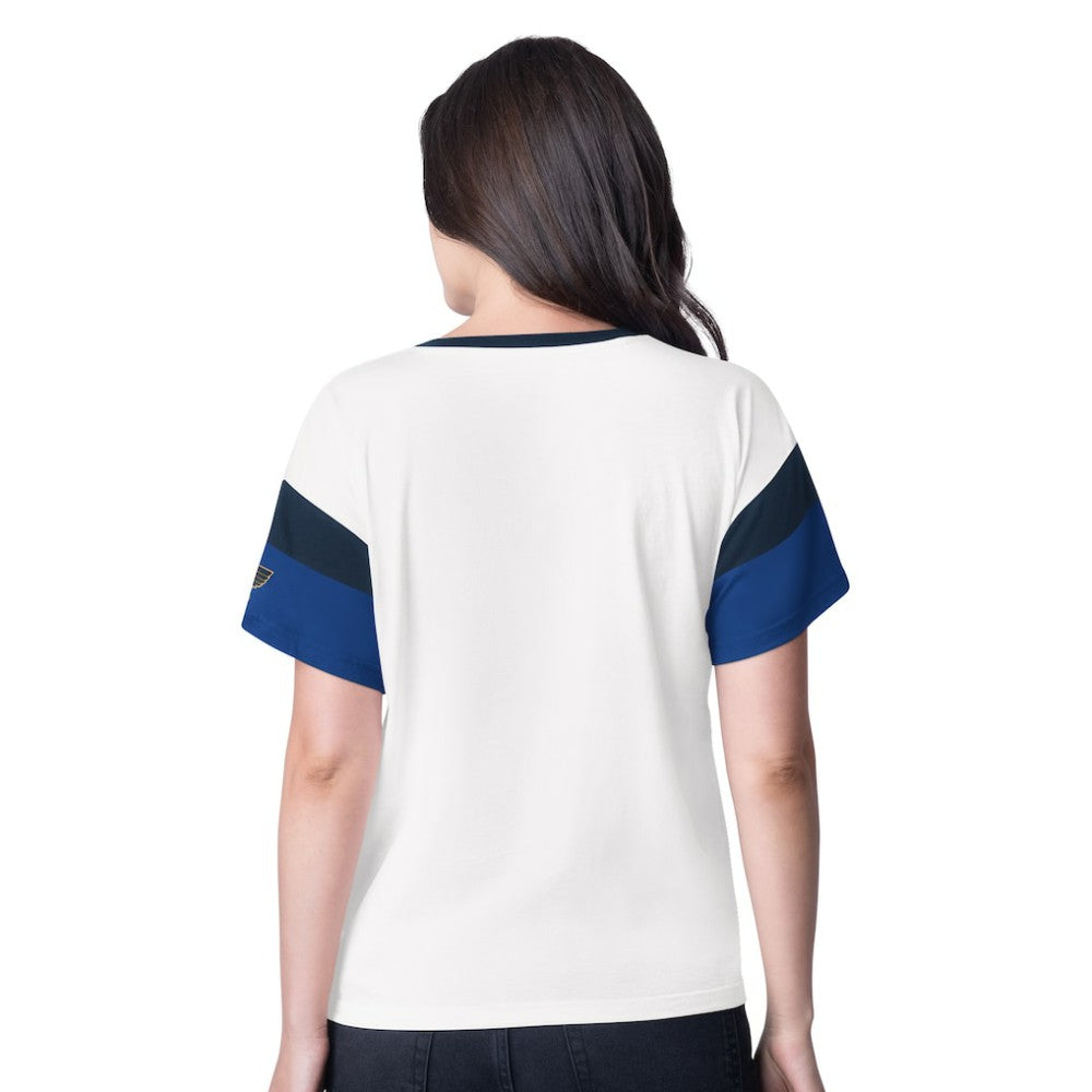 St. Louis Blues - G-III 4Her by Carl Banks Women's Rink Oversized Rhinestone V-Neck T-Shirt White