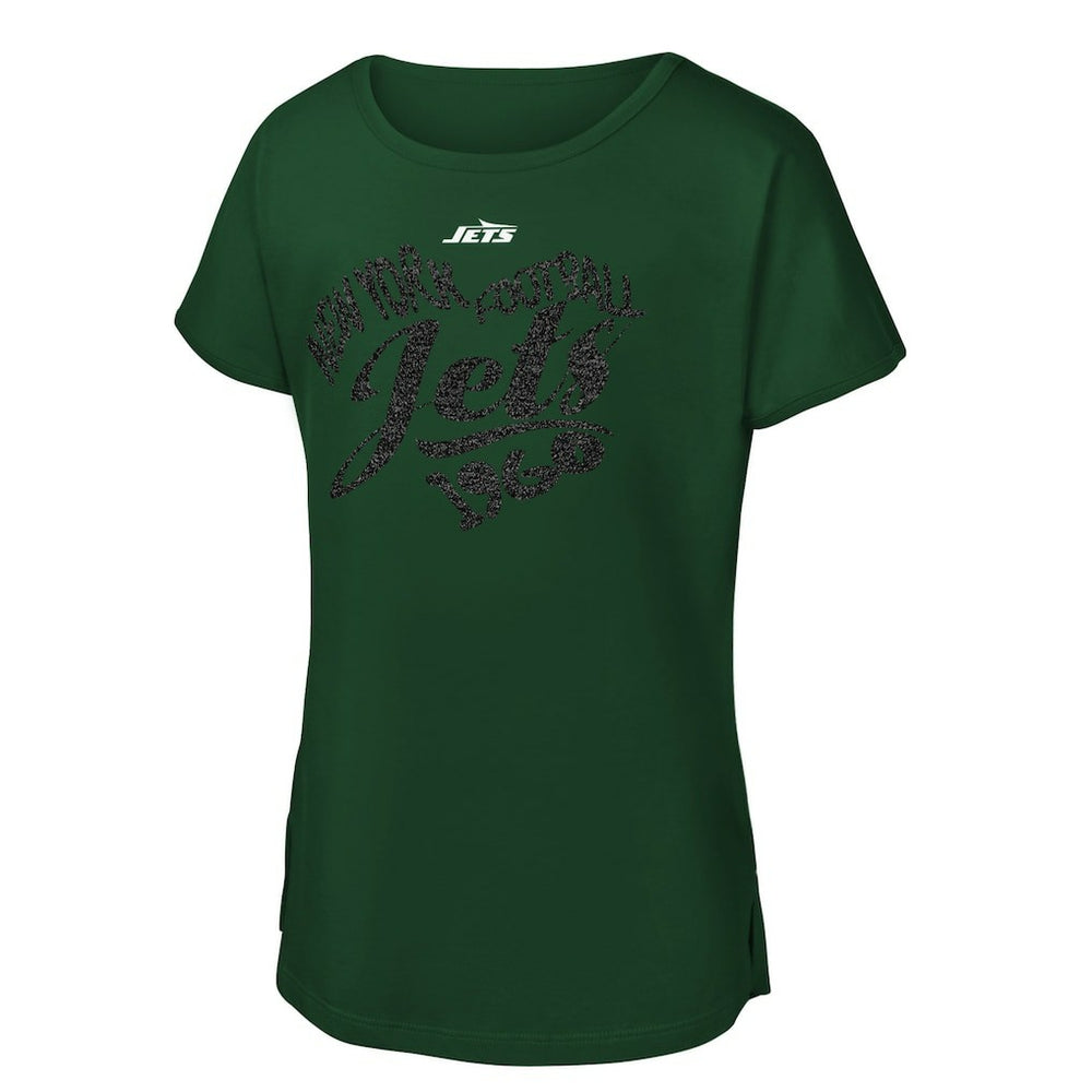New York Jets Girls Youth Script Heart Dolman T-Shirt Green - NFL