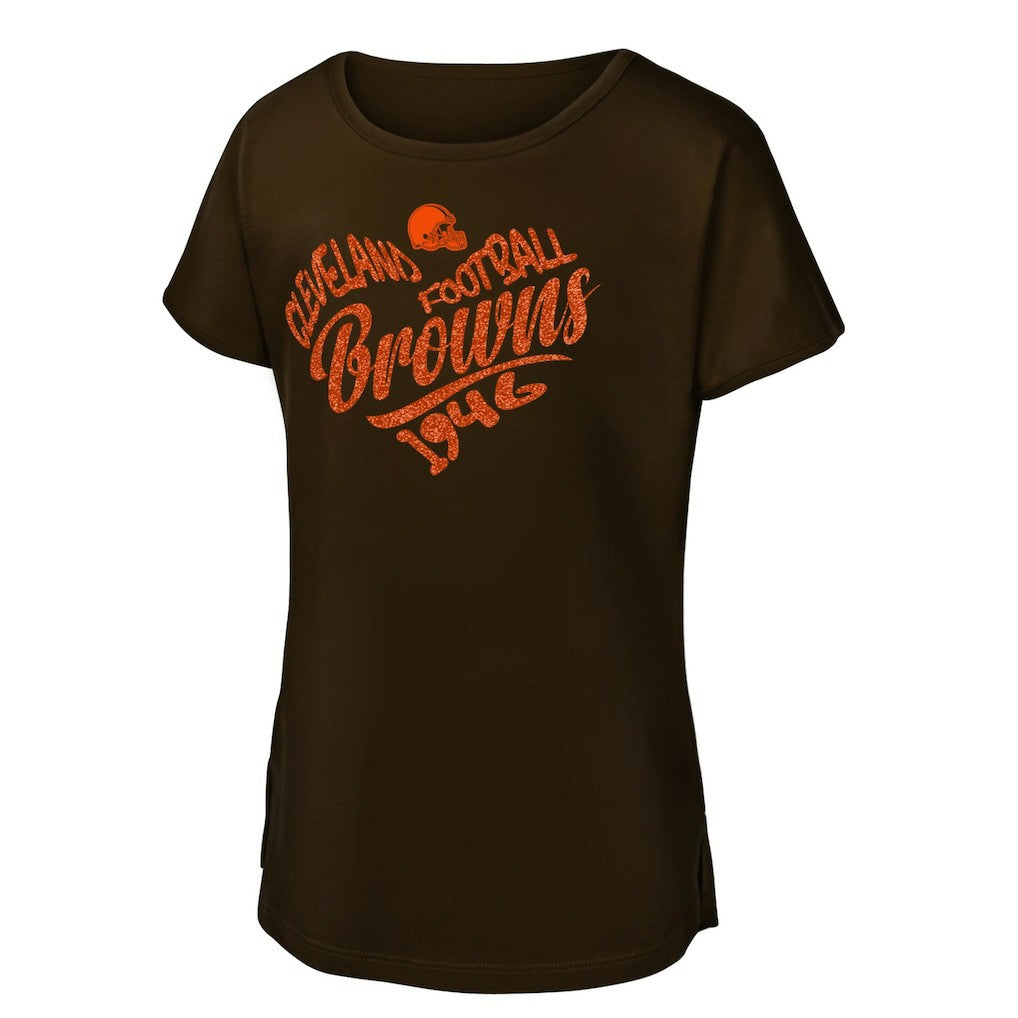 Cleveland Browns Girls Youth Script Heart Dolman T-Shirt Brown - NFL