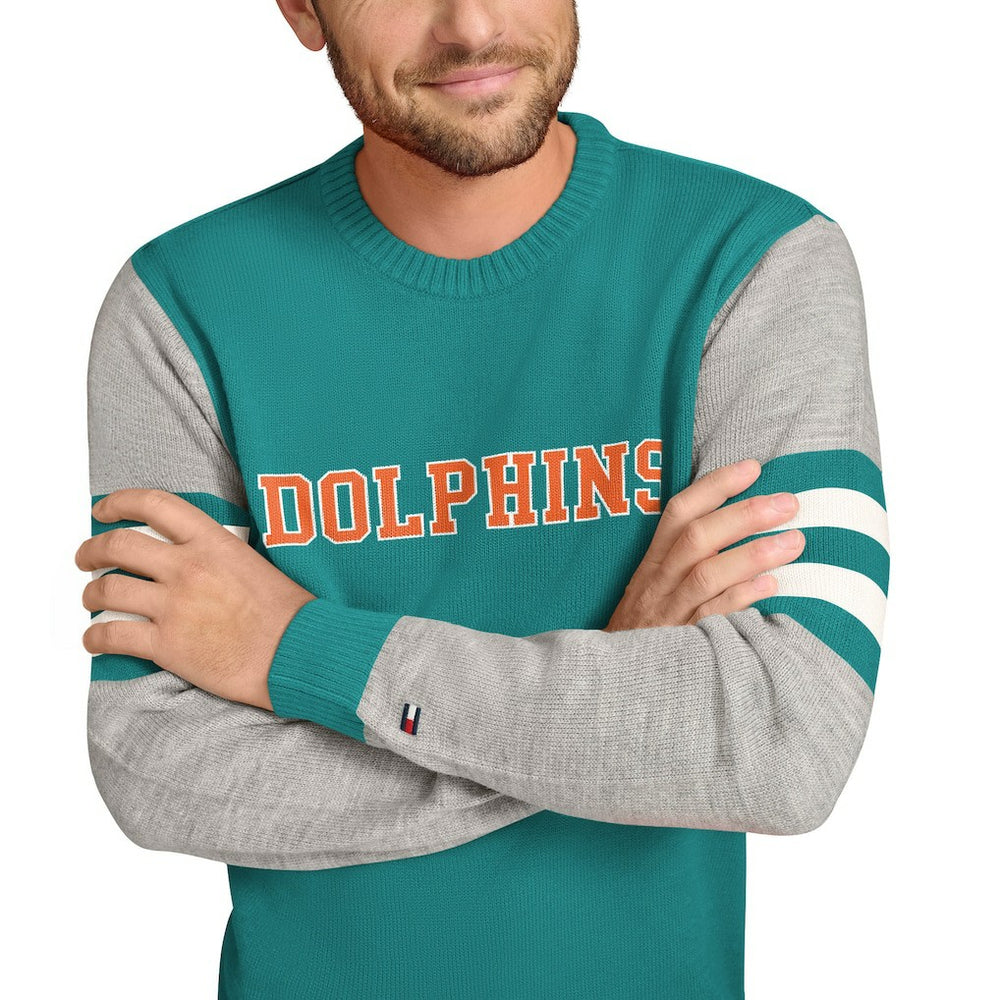 Miami Dolphins Tommy Hilfiger Acrylic Crewneck Pullover Sweater Aqua/Heather Gray - NFL