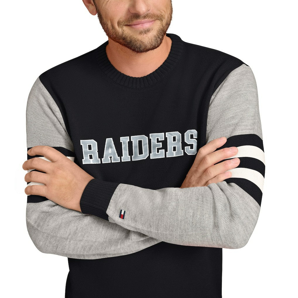 Las Vegas Raiders Tommy Hilfiger Acrylic Crewneck Pullover Sweater Black/Heather Gray - NFL