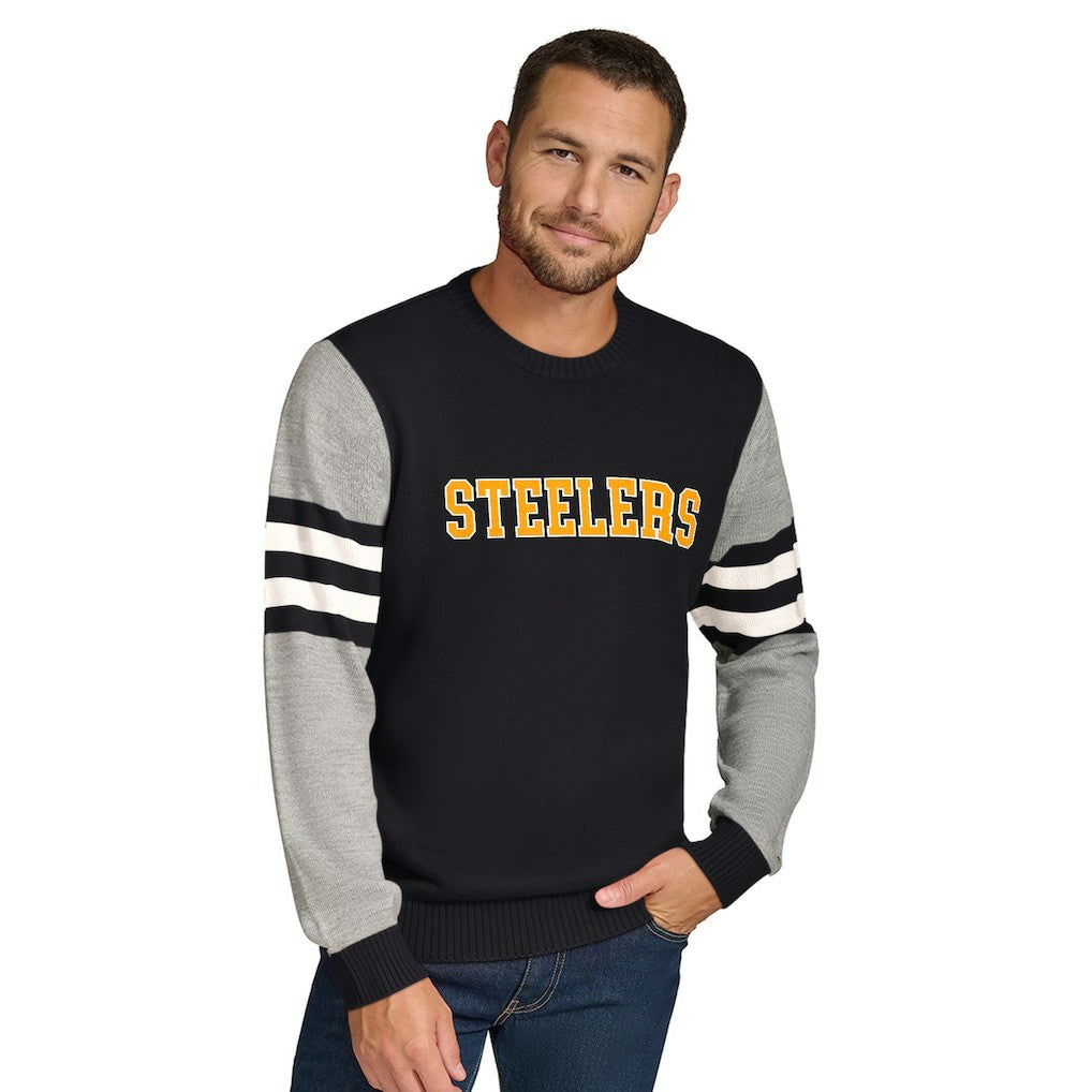 Pittsburgh Steelers Tommy Hilfiger Acrylic Crewneck Pullover Sweater Black/Heather Gray - NFL