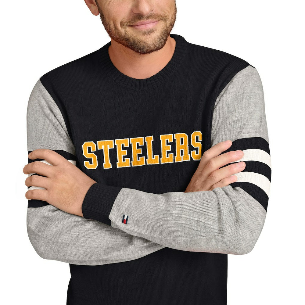 Pittsburgh Steelers Tommy Hilfiger Acrylic Crewneck Pullover Sweater Black/Heather Gray - NFL