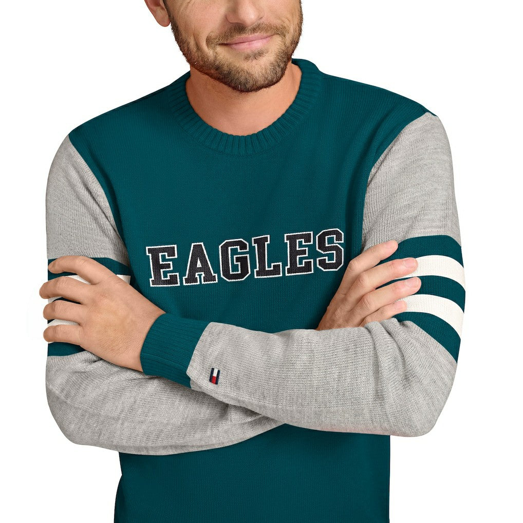Philadelphia Eagles Tommy Hilfiger Acrylic Crewneck Pullover Sweater Green/Heather Gray - NFL