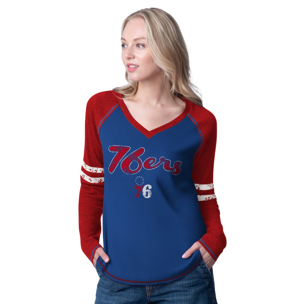 NBA - Philadelphia 76ers G-III 4Her by Carl Banks Women's Winner Waffle Knit Thermal Long Sleeve Tri-Blend T-Shirt - Royal/Red