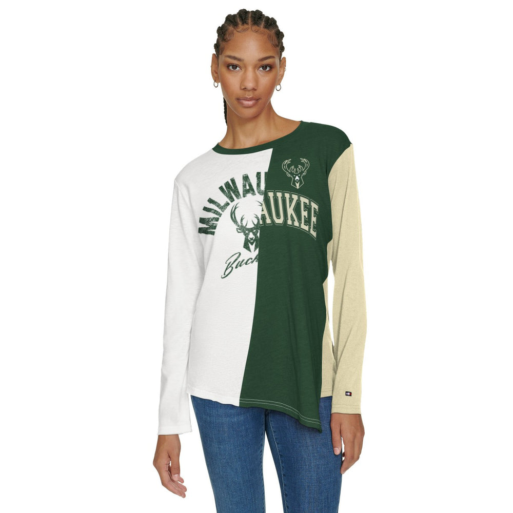 NBA - Milwaukee Bucks Tommy Jeans Women's Amelia Color Blocked Long Sleeve T-Shirt - White/Hunter Green