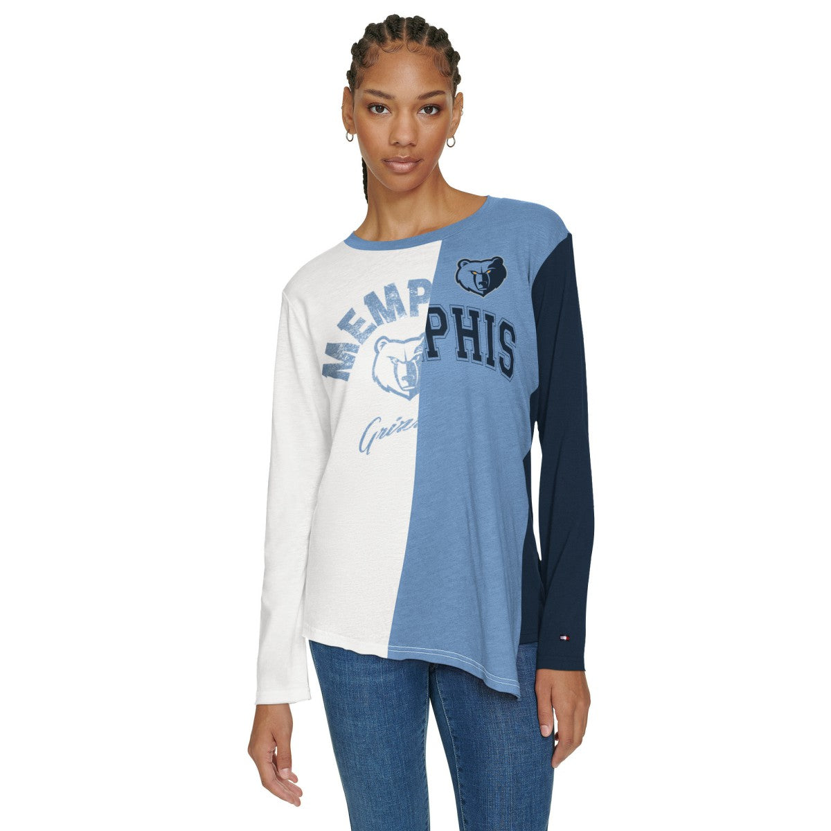 NBA - Memphis Grizzlies Tommy Jeans Women's Amelia Color Blocked Long Sleeve T-Shirt - White/Light Blue