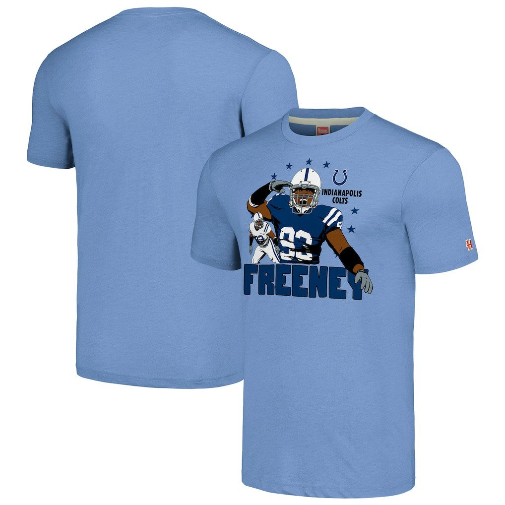 Dwight Freeney Indianapolis Colts Homage Unisex Caricature Retired Player Tri-Blend T-Shirt Light Blue - NFL