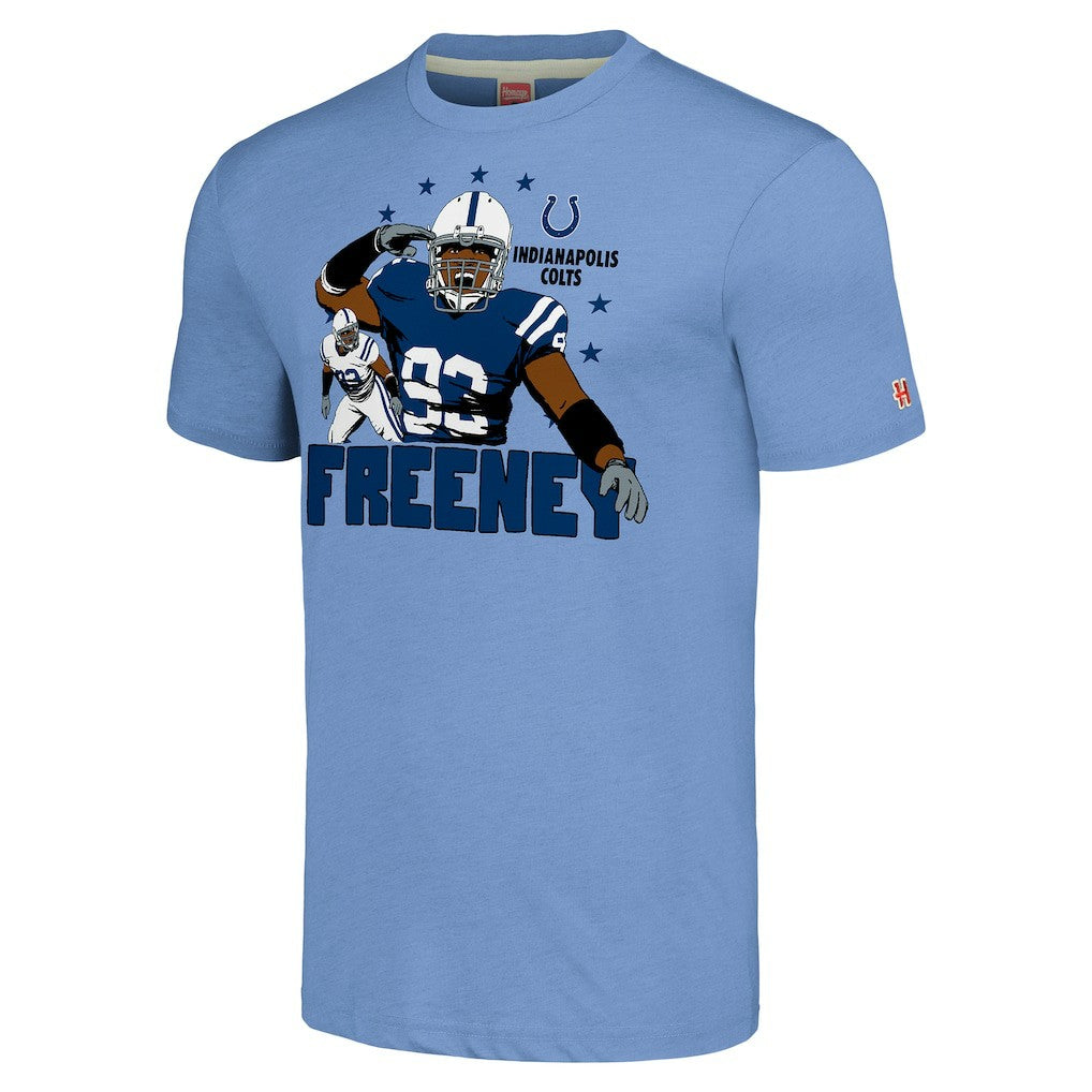 Dwight Freeney Indianapolis Colts Homage Unisex Caricature Retired Player Tri-Blend T-Shirt Light Blue - NFL