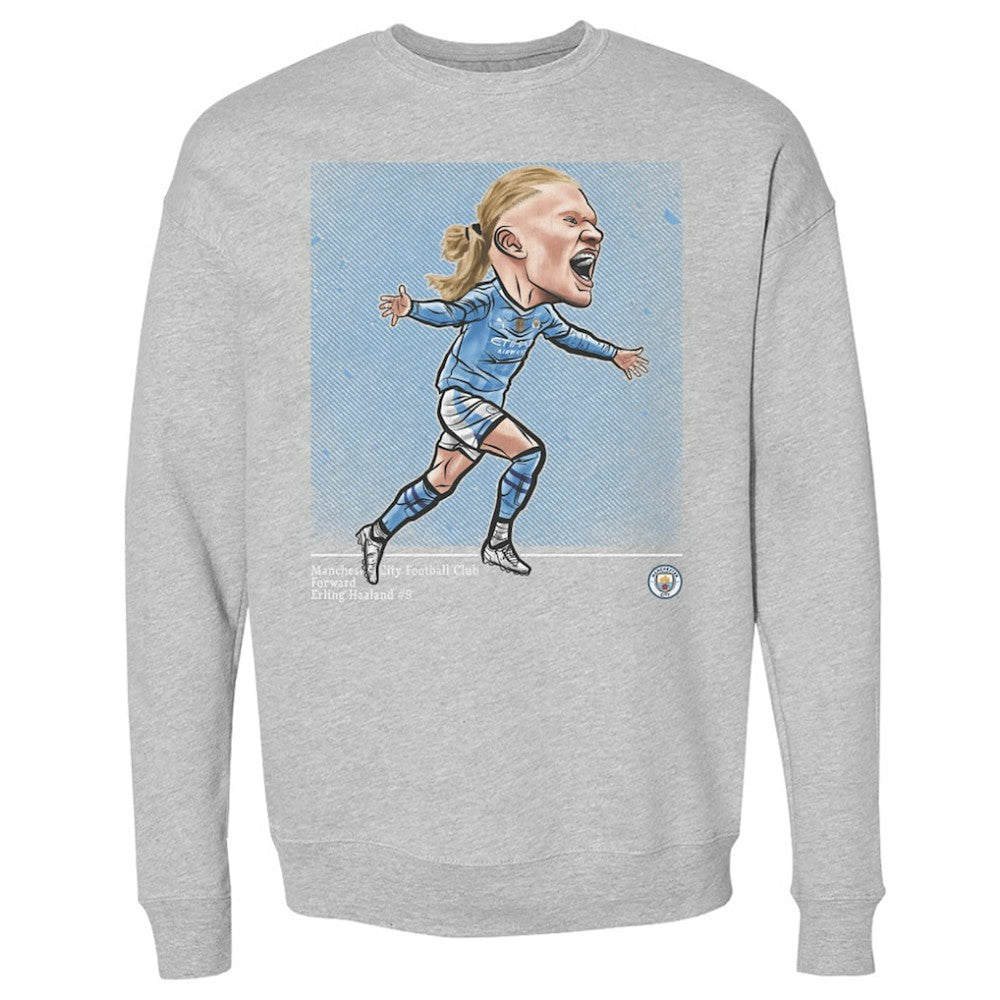 Erling Haaland Manchester City 500 Level Cartoon Player Pullover Crewneck Sweatshirt - Heather Gray